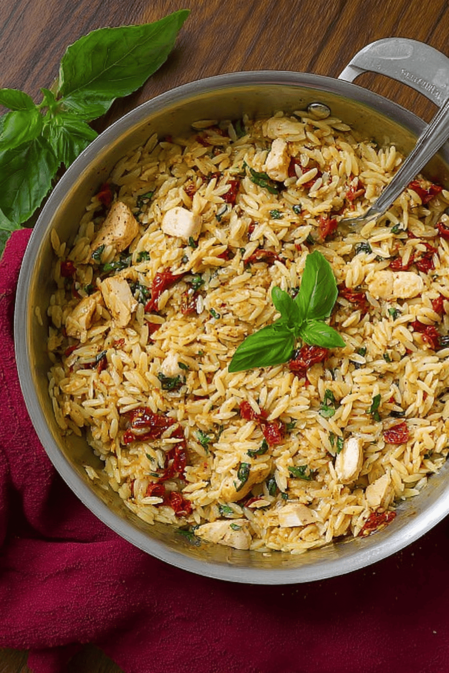 Hearty One-Pot Sun-Dried Tomato Basil Orzo with Chicken